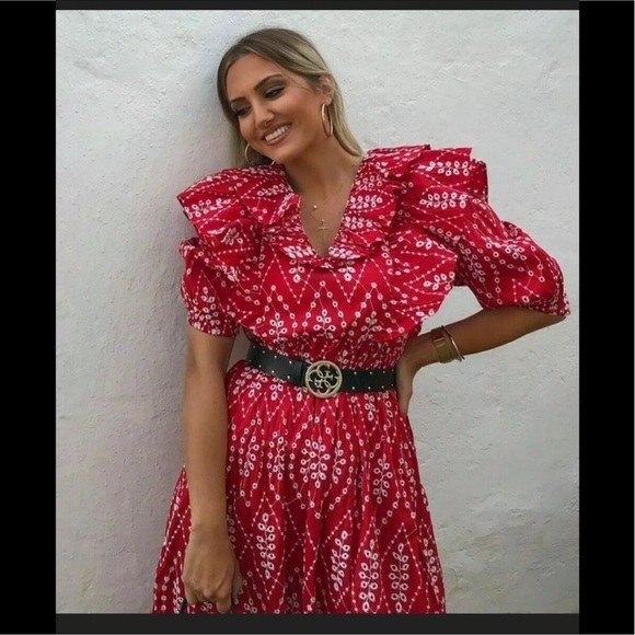 Zara Cotton Eyelet Ruffle Midi Statement Dress in Red Size Large - Picture 12 of 12